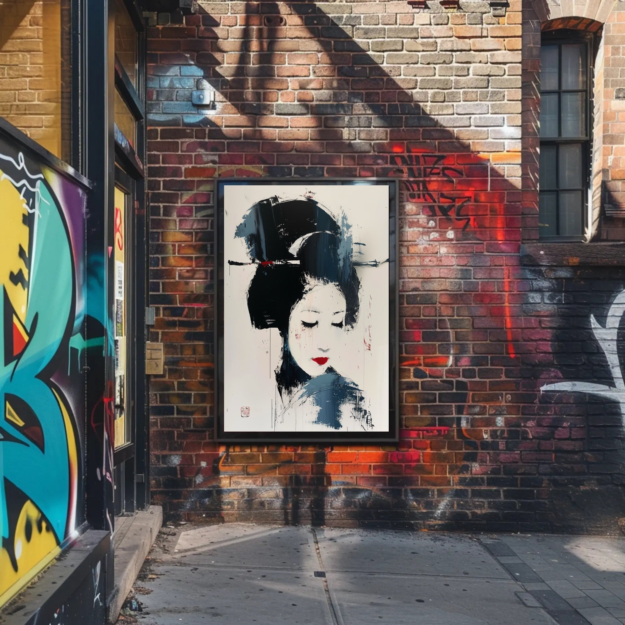 Stylized Geisha Portrait in Abstract Artistic Poster PosterGoat
