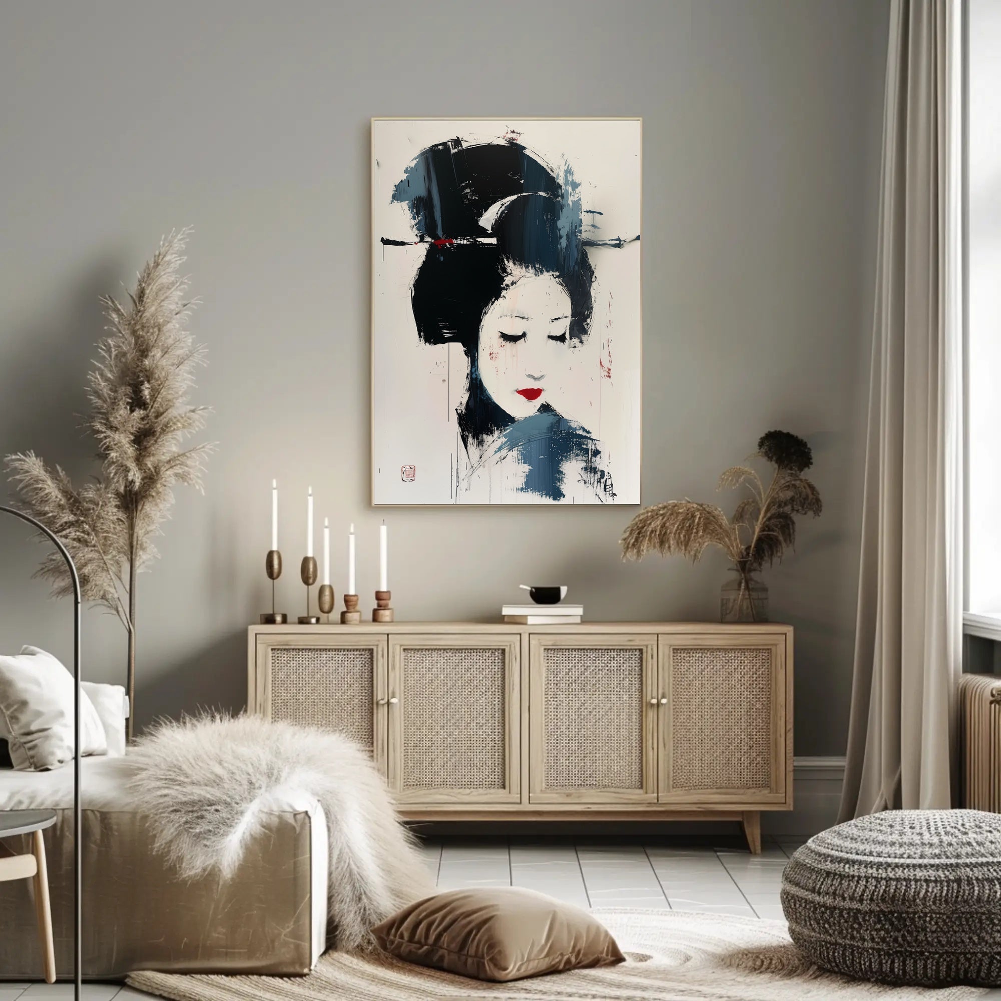 Stylized Geisha Portrait in Abstract Artistic Poster PosterGoat