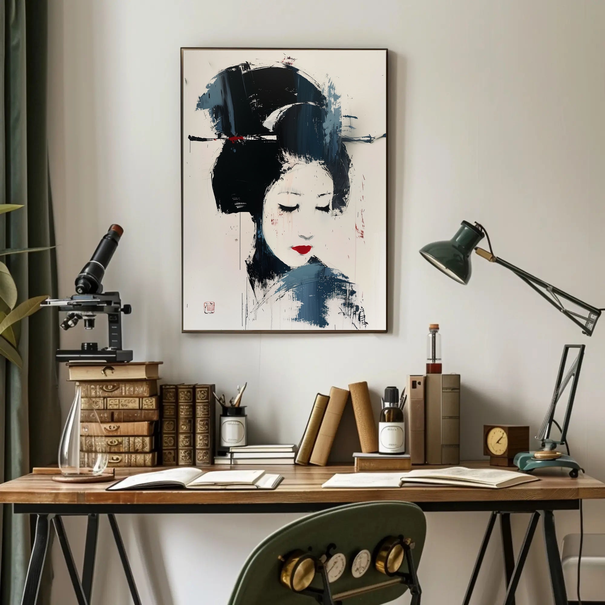 Stylized Geisha Portrait in Abstract Artistic Poster PosterGoat