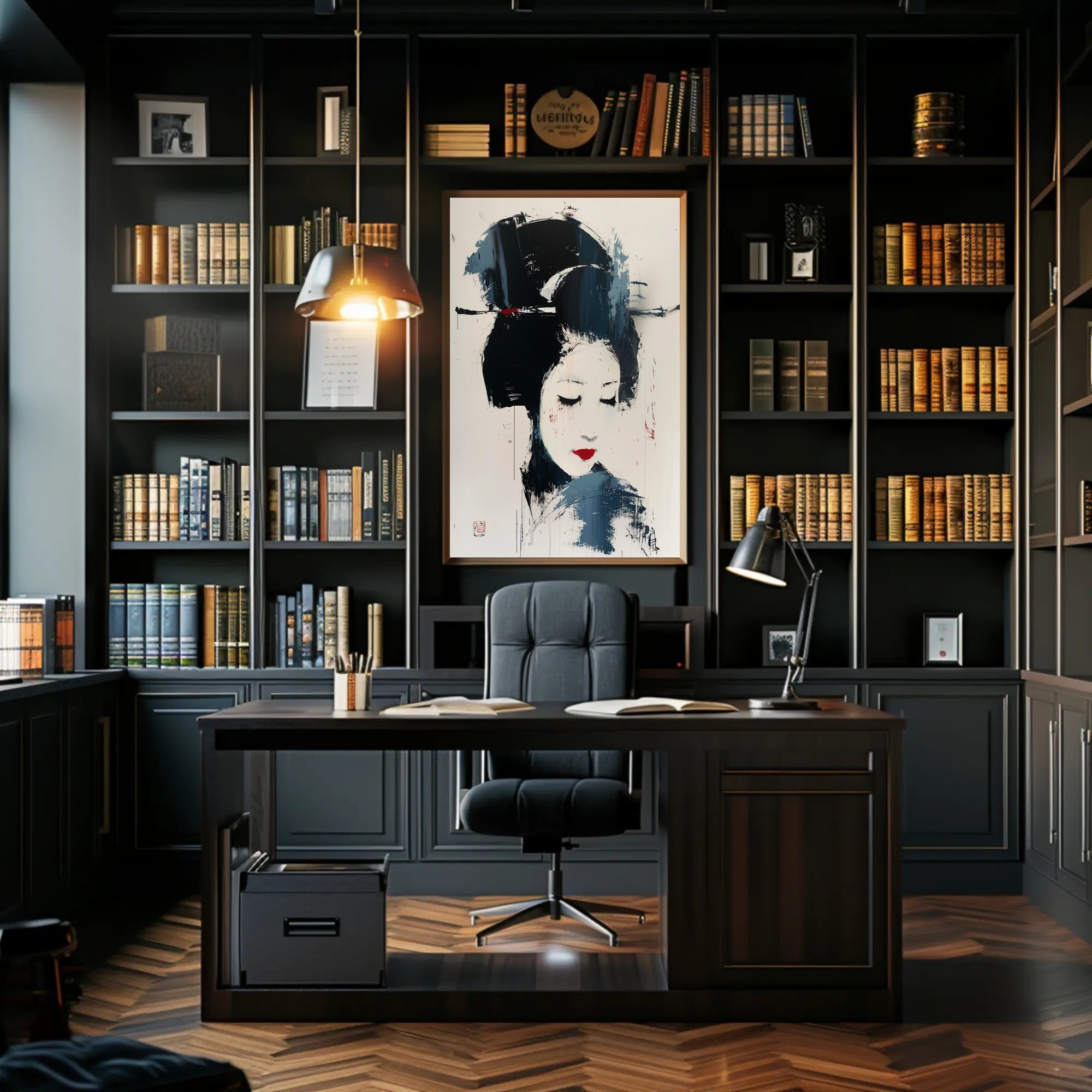 Stylized Geisha Portrait in Abstract Artistic Poster PosterGoat