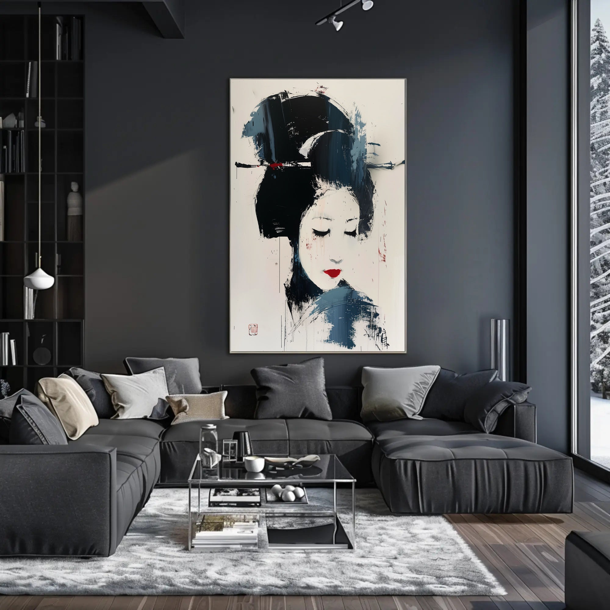 Stylized Geisha Portrait in Abstract Artistic Poster PosterGoat