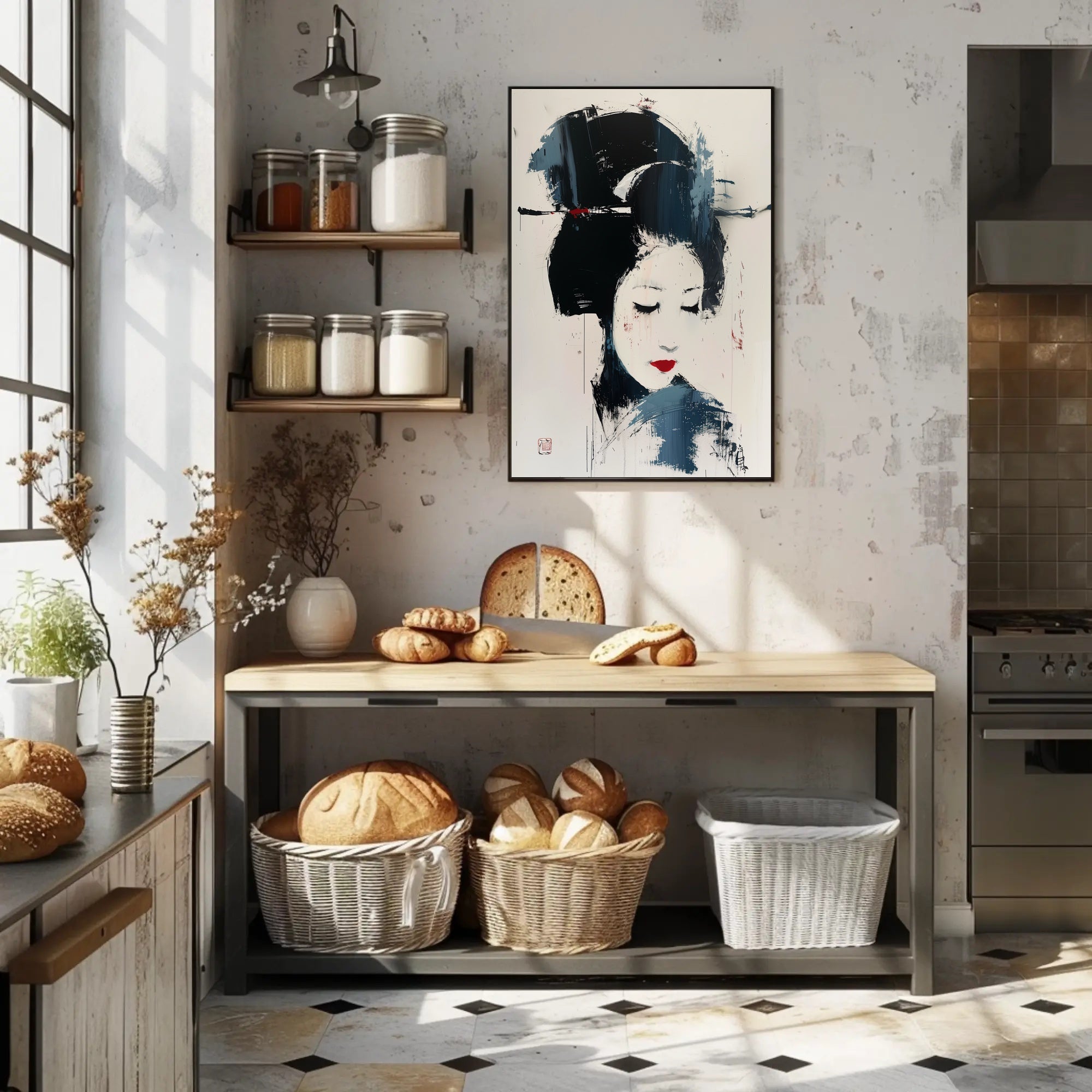 Stylized Geisha Portrait in Abstract Artistic Poster PosterGoat