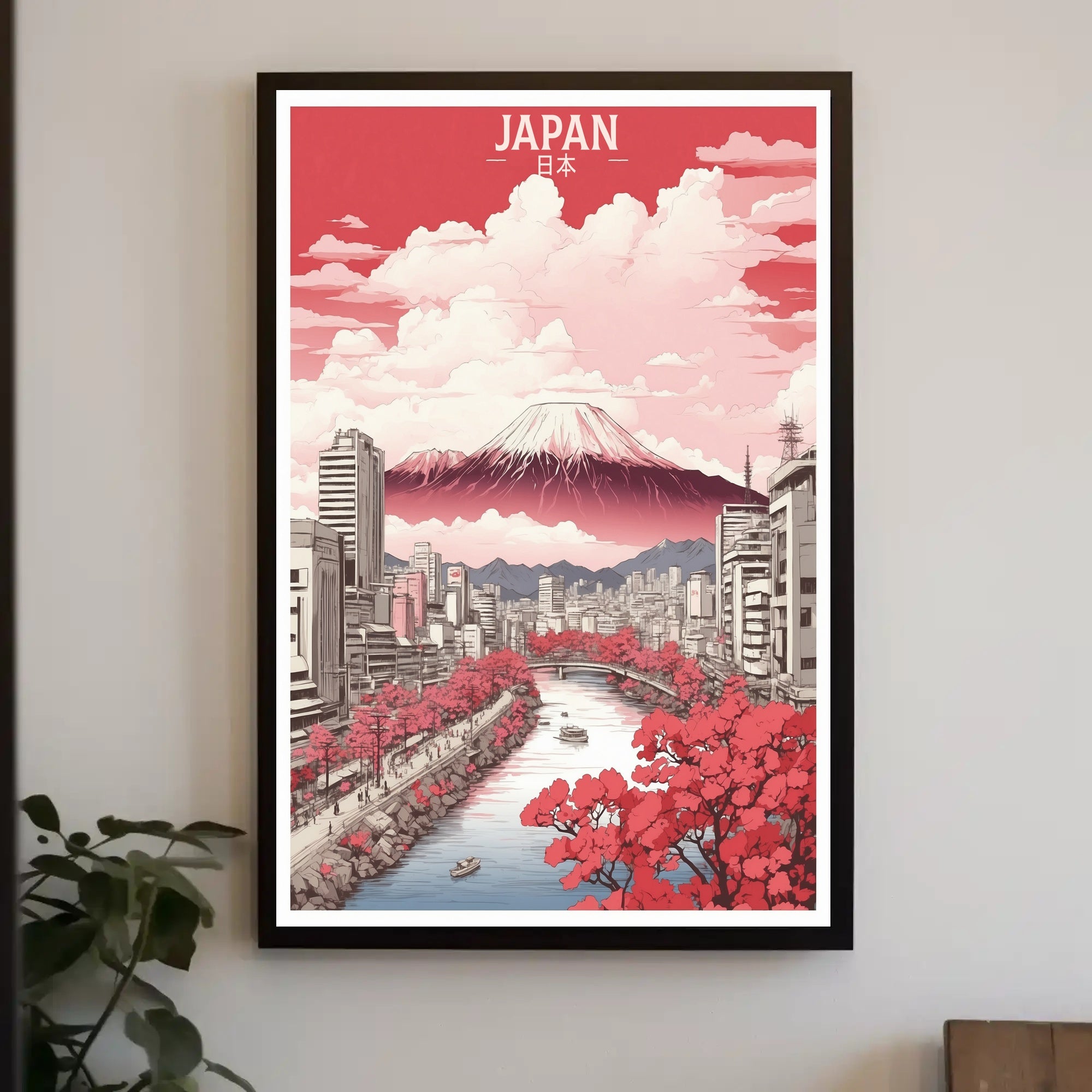 Stylized Mount Fuji in Bloom Urban Cityscape Poster PosterGoat