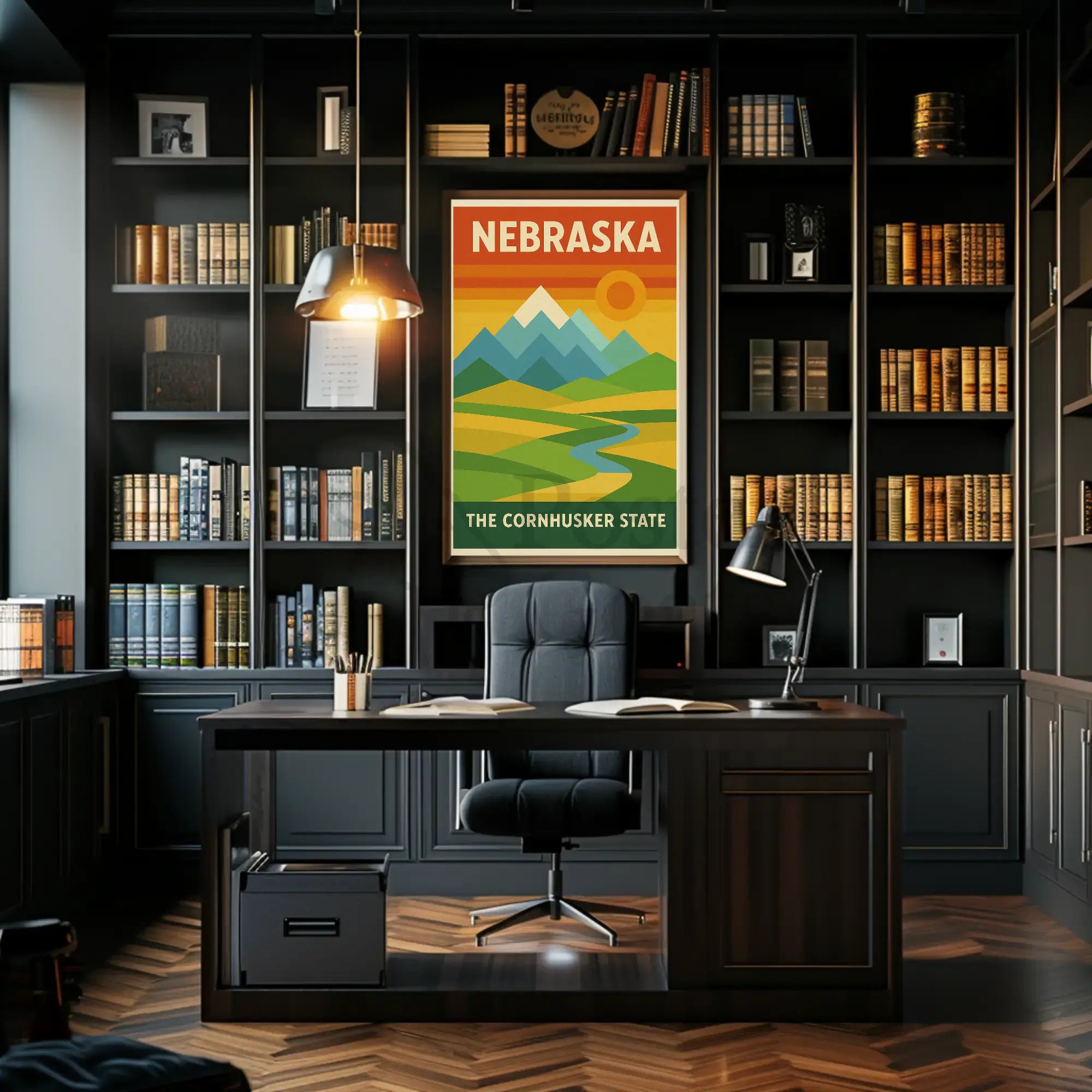 Stylized Nebraska Landscape Geometric Art Travel Poster PosterGoat