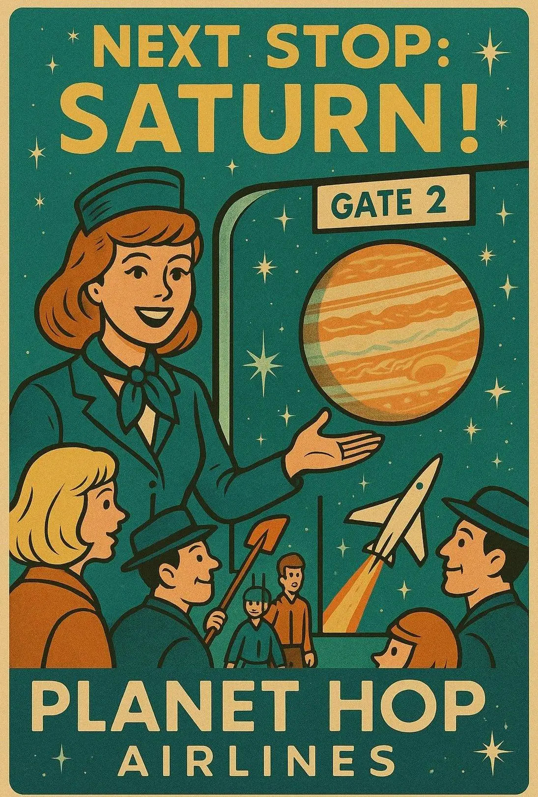 Stylized Retro Space Travel Poster to Saturn - Futuristic Sci-Fi Poster PosterGoat