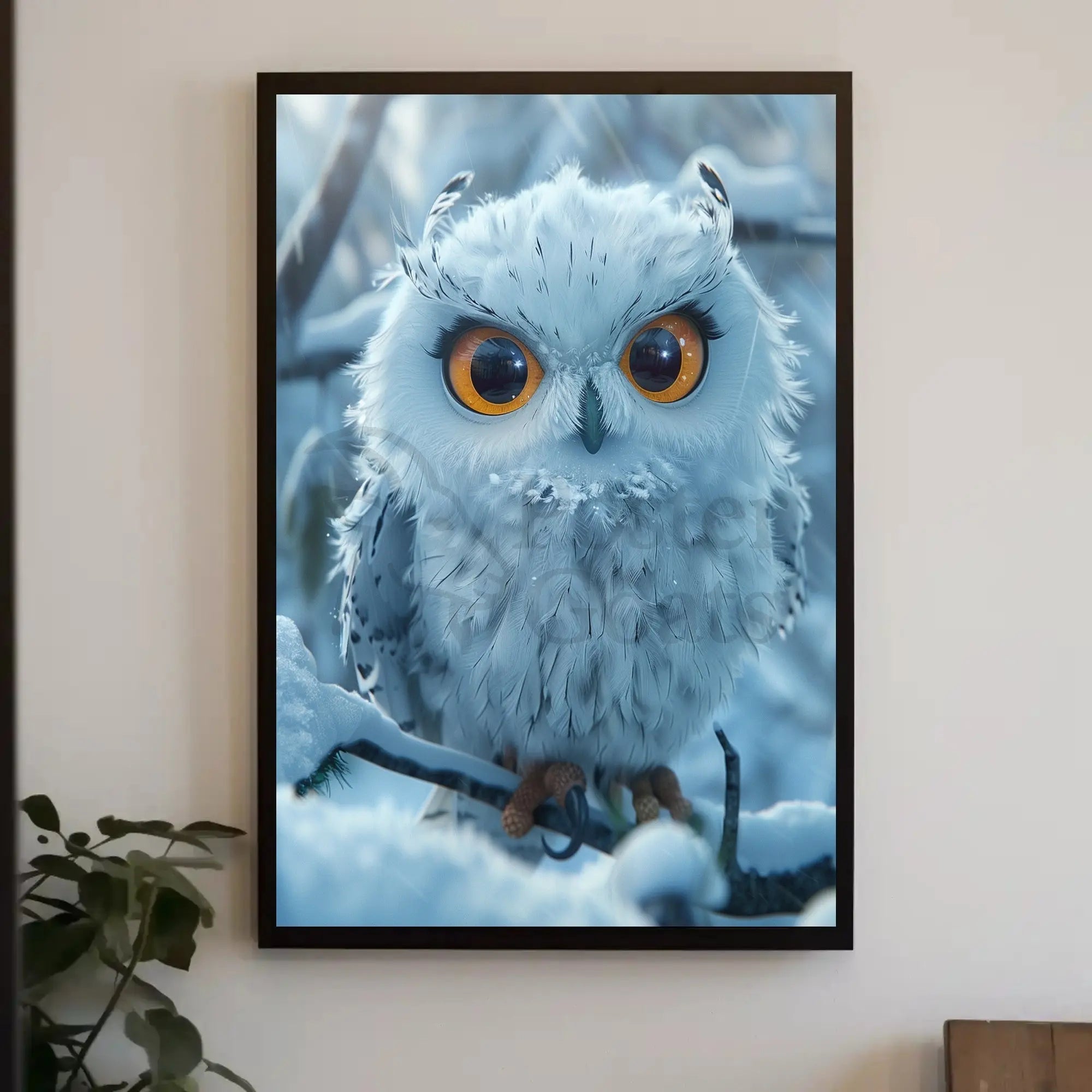 Stylized Snowy Owl on Branch Winter Animal Poster PosterGoat