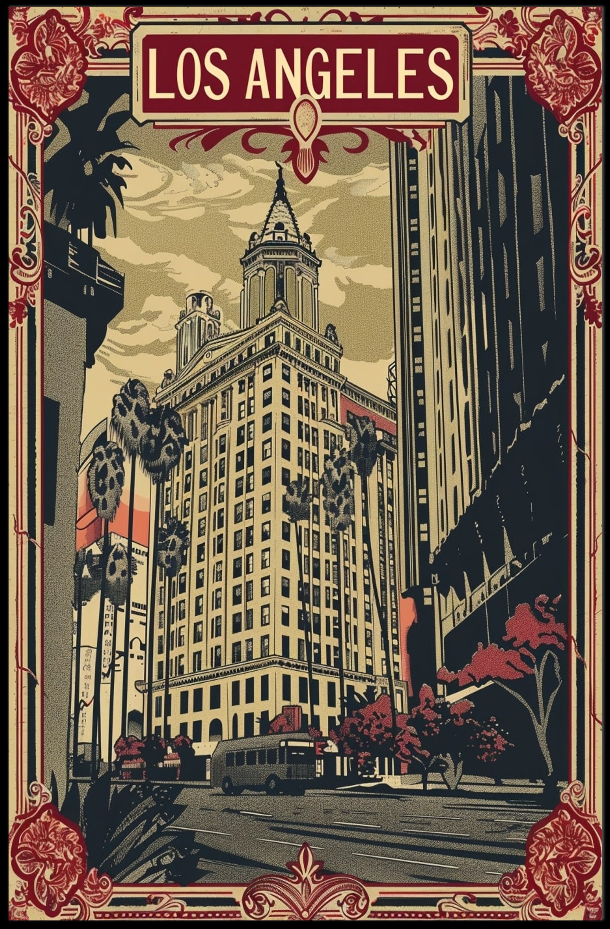 Stylized Vintage Los Angeles Art Deco Urban or Cityscape Poster PosterGoat