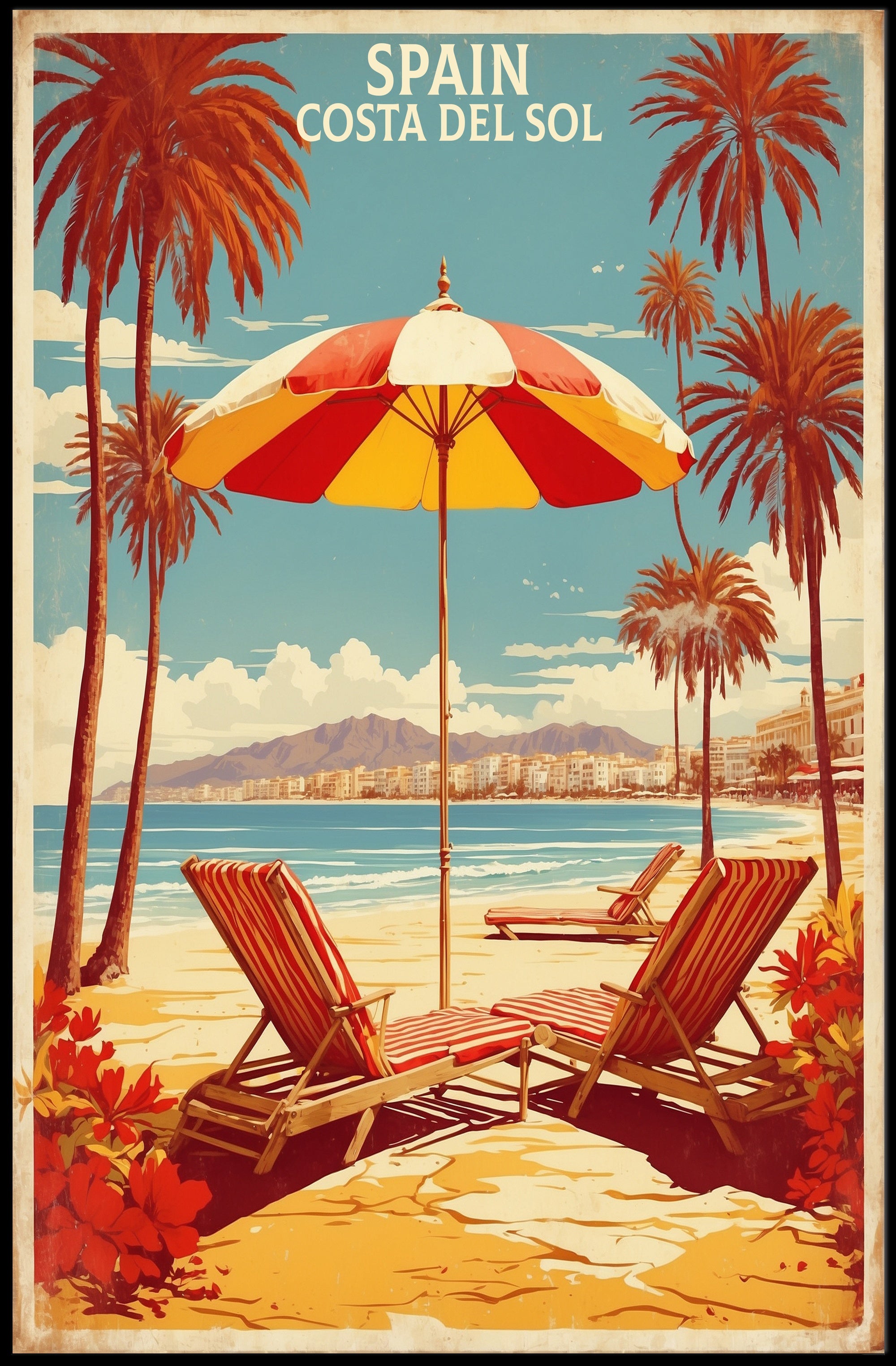 Sunny Beach Scene Poster in Travel Poster PosterGoat
