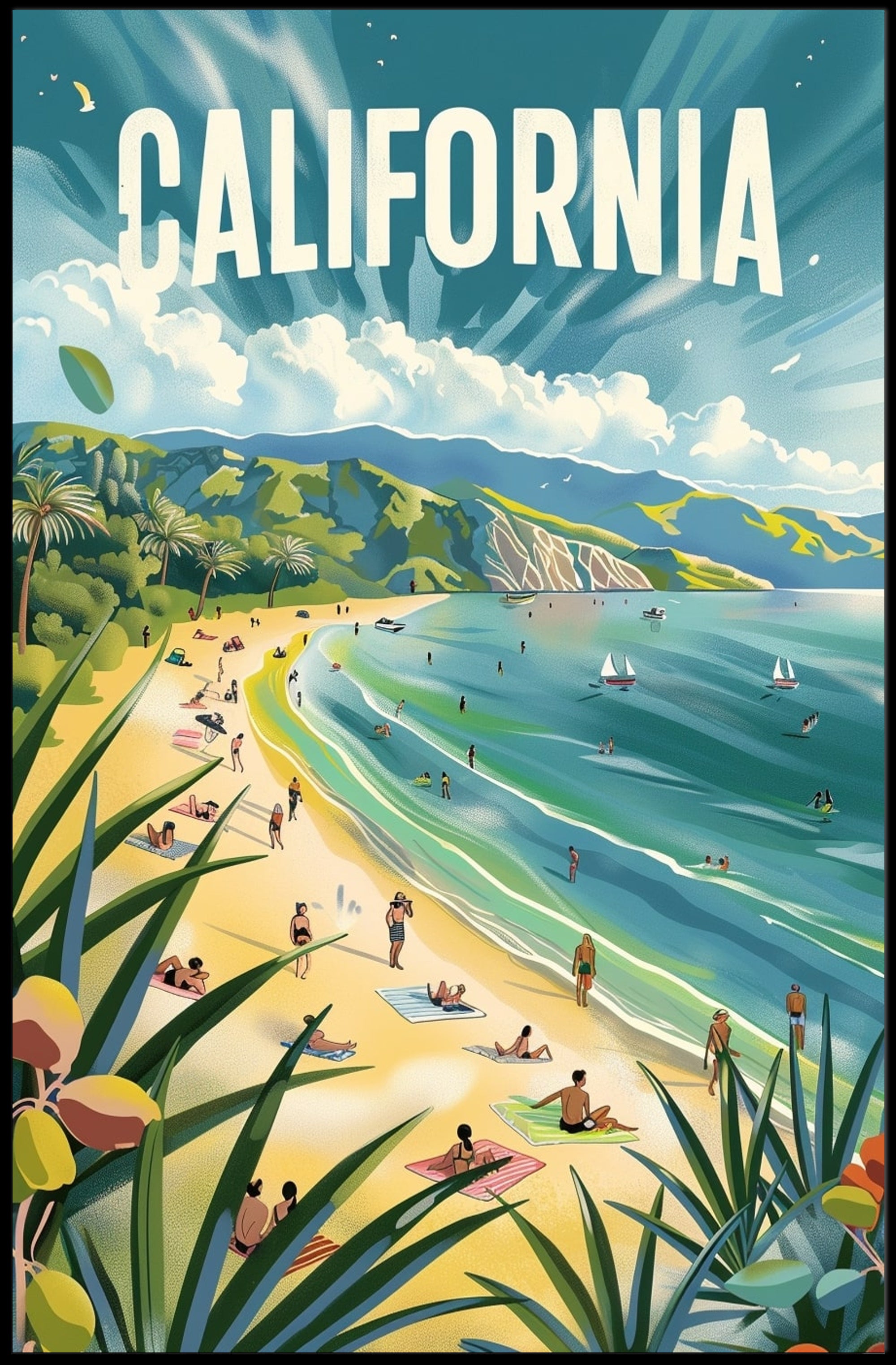 Sunny California Beach Scene Travel Poster PosterGoat