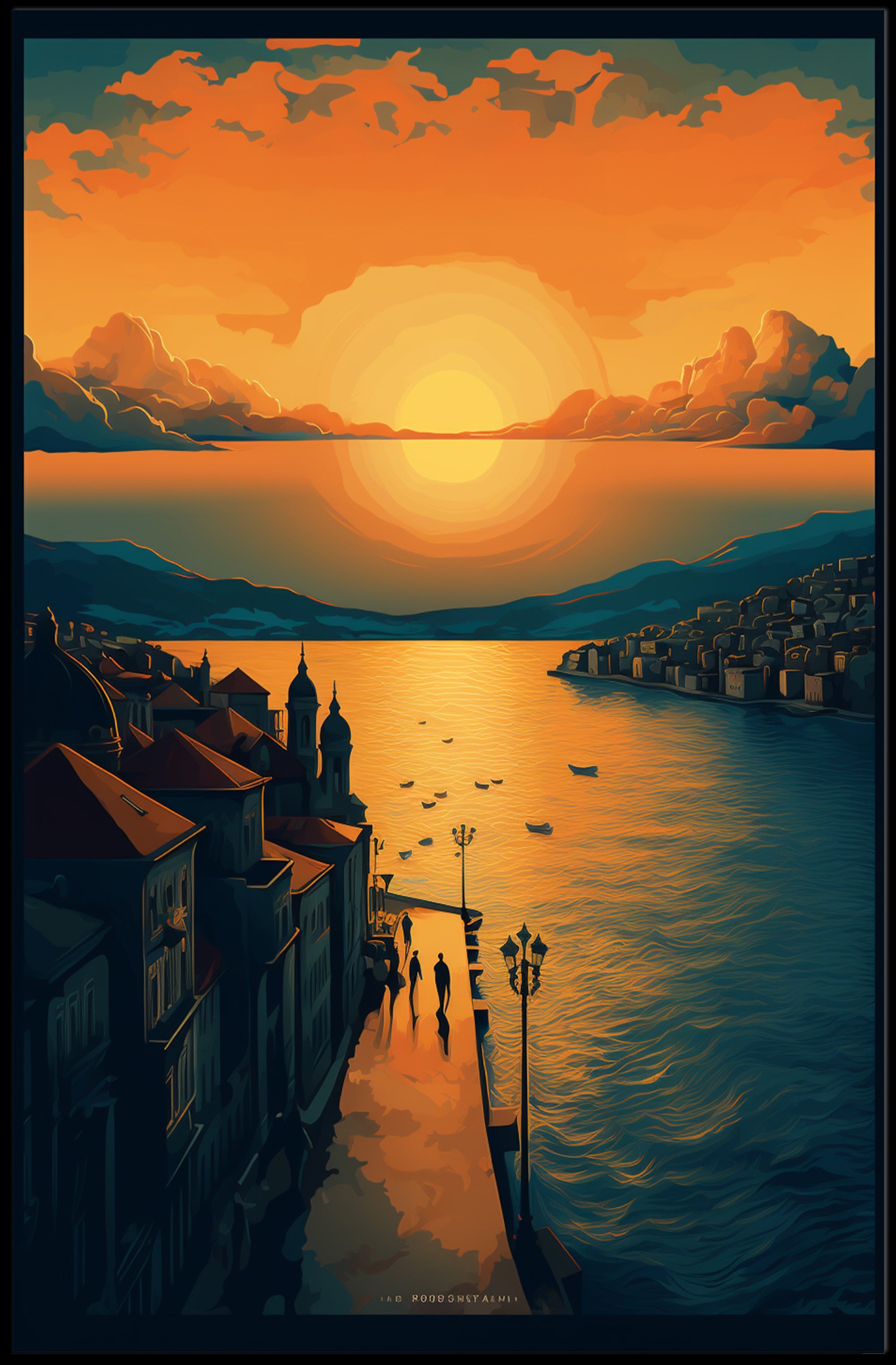 Sunset Serenity Over a Picturesque Coastal Town Travel Poster PosterGoat