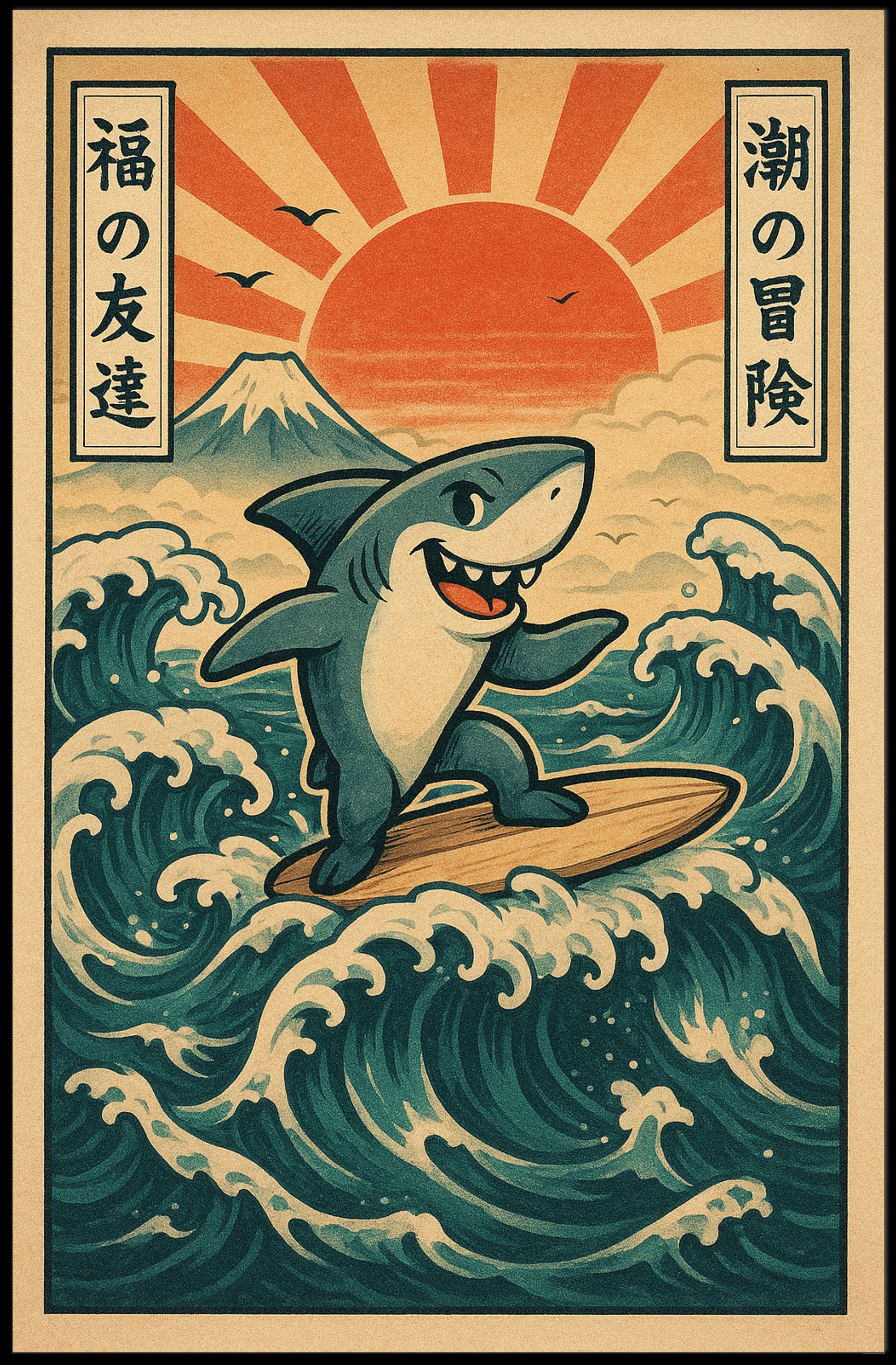 Surfing Shark Adventure Poster PosterGoat