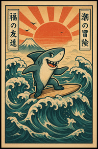 Surfing Shark Adventure Poster PosterGoat