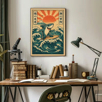 Surfing Shark Adventure Poster PosterGoat