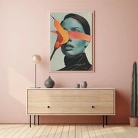 Surreal Blue Portrait with Orange Ribbon Abstract Poster PosterGoat