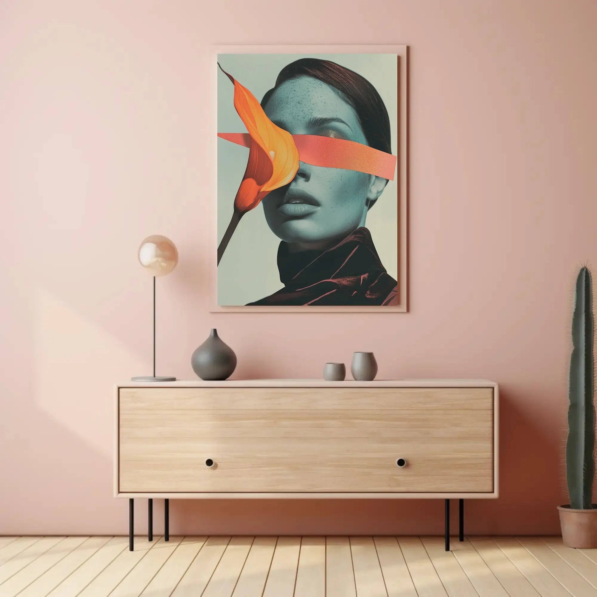 Surreal Blue Portrait with Orange Ribbon Abstract Poster PosterGoat