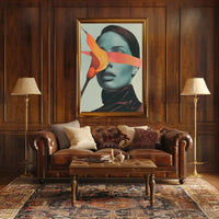 Surreal Blue Portrait with Orange Ribbon Abstract Poster PosterGoat