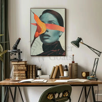 Surreal Blue Portrait with Orange Ribbon Abstract Poster PosterGoat