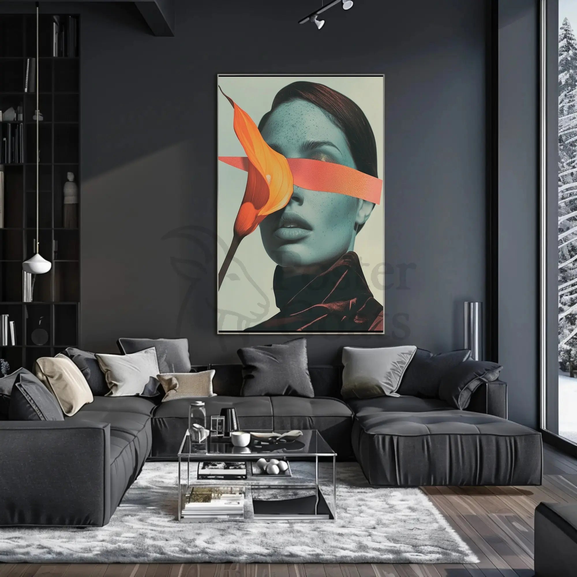 Surreal Blue Portrait with Orange Ribbon Abstract Poster PosterGoat