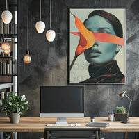 Surreal Blue Portrait with Orange Ribbon Abstract Poster PosterGoat