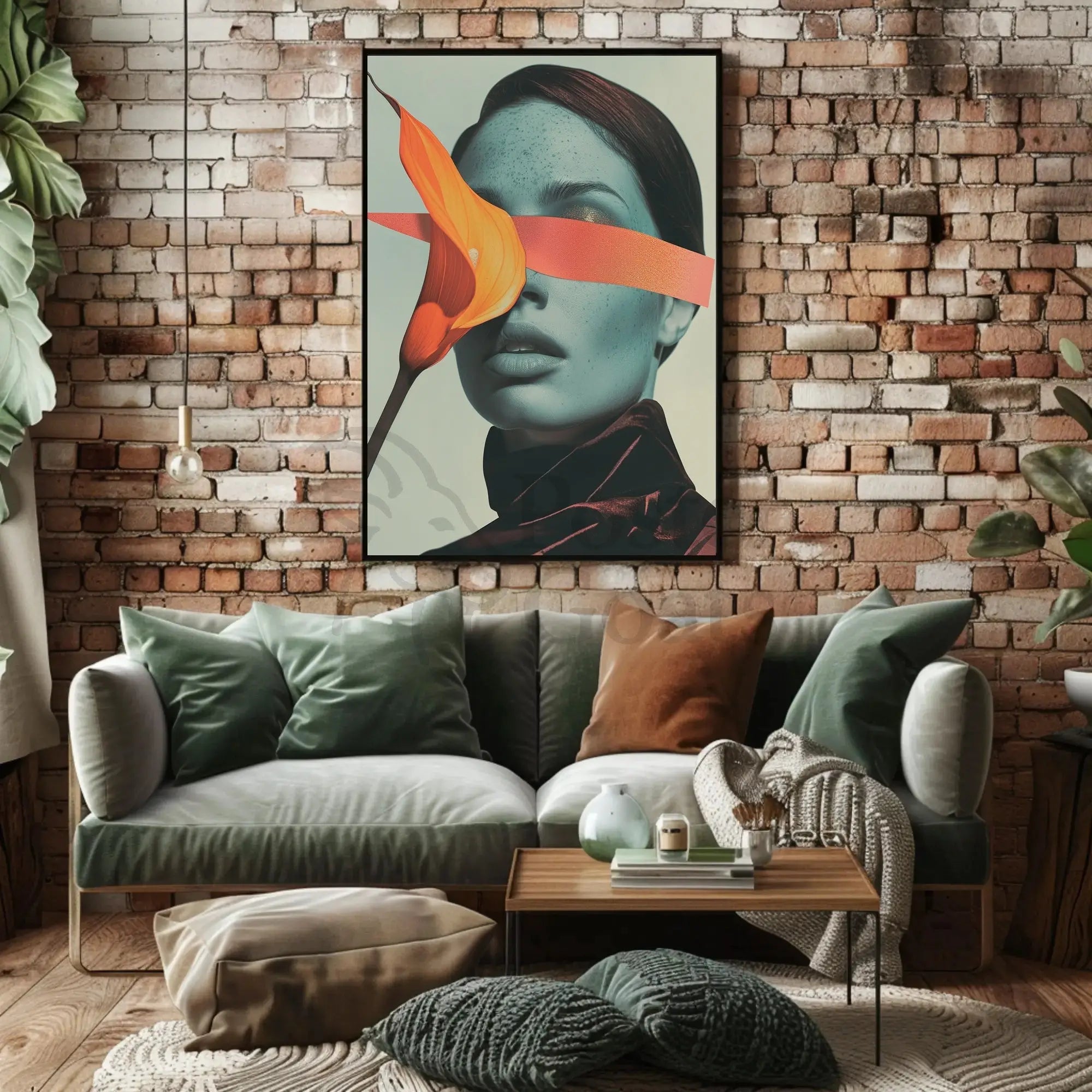 Surreal Blue Portrait with Orange Ribbon Abstract Poster PosterGoat