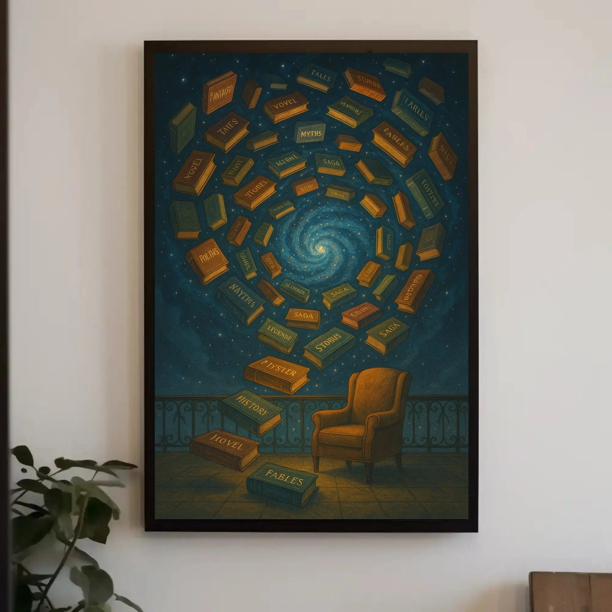 Surreal Galaxy of Books Artistic Poster PosterGoat