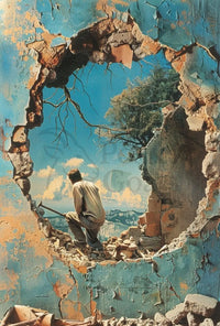 Surreal Mountain Landscape with Broken Wall Art Poster PosterGoat