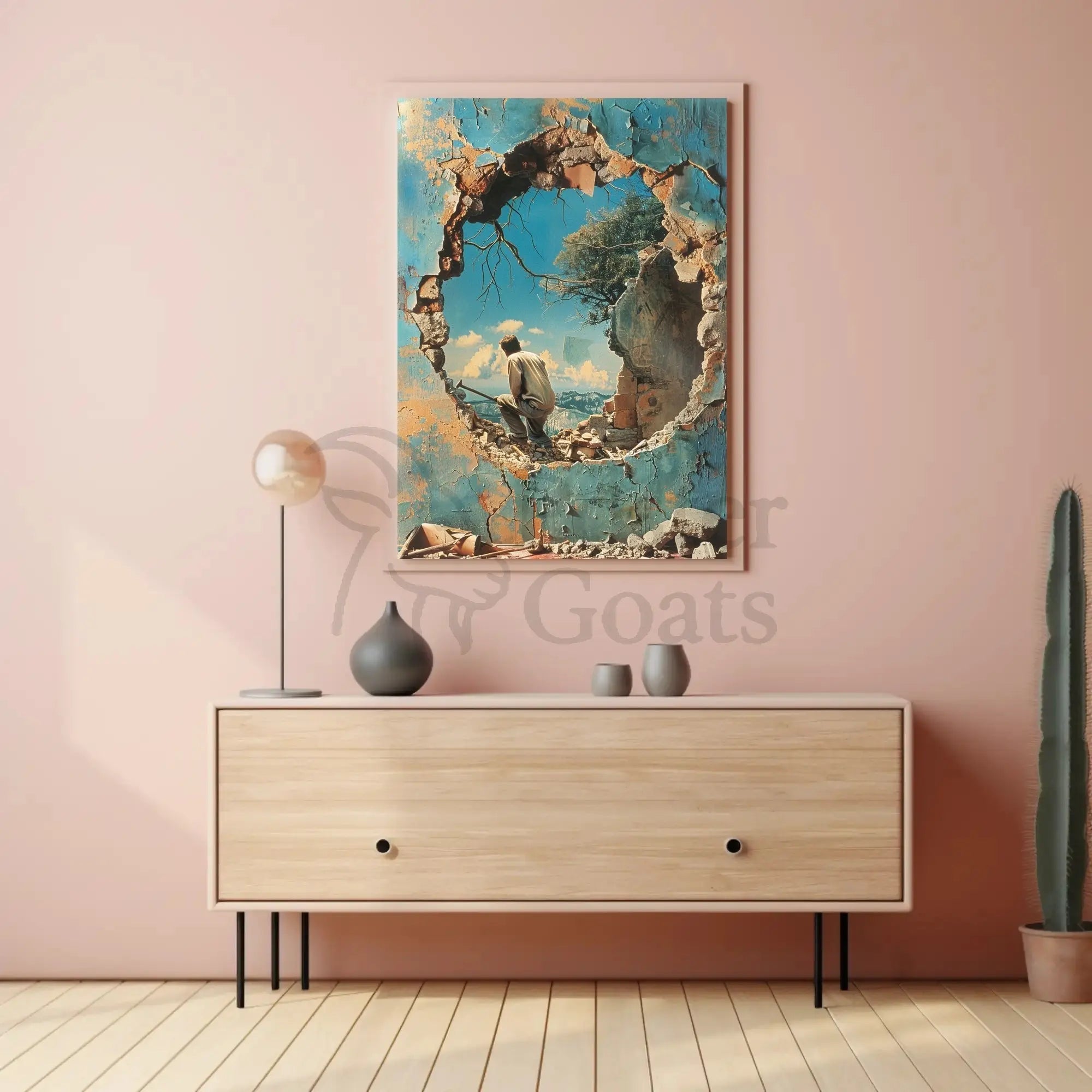 Surreal Mountain Landscape with Broken Wall Art Poster PosterGoat