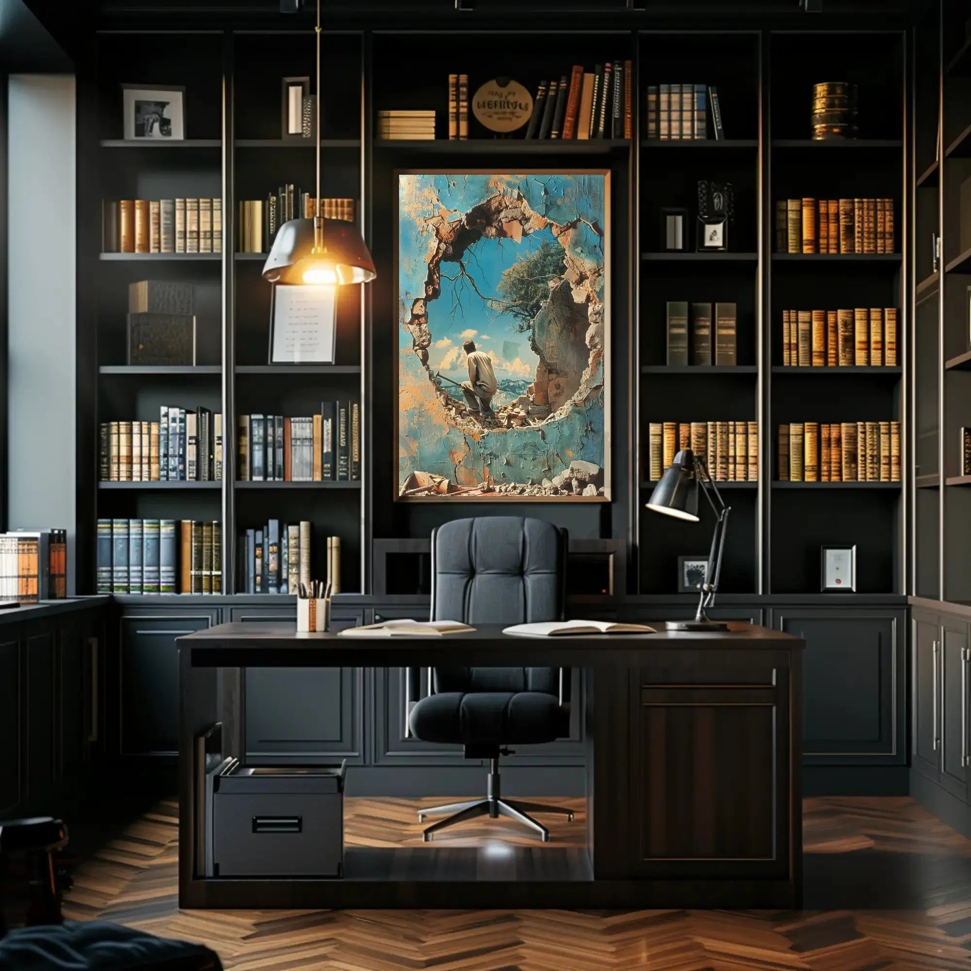 Surreal Mountain Landscape with Broken Wall Art Poster PosterGoat