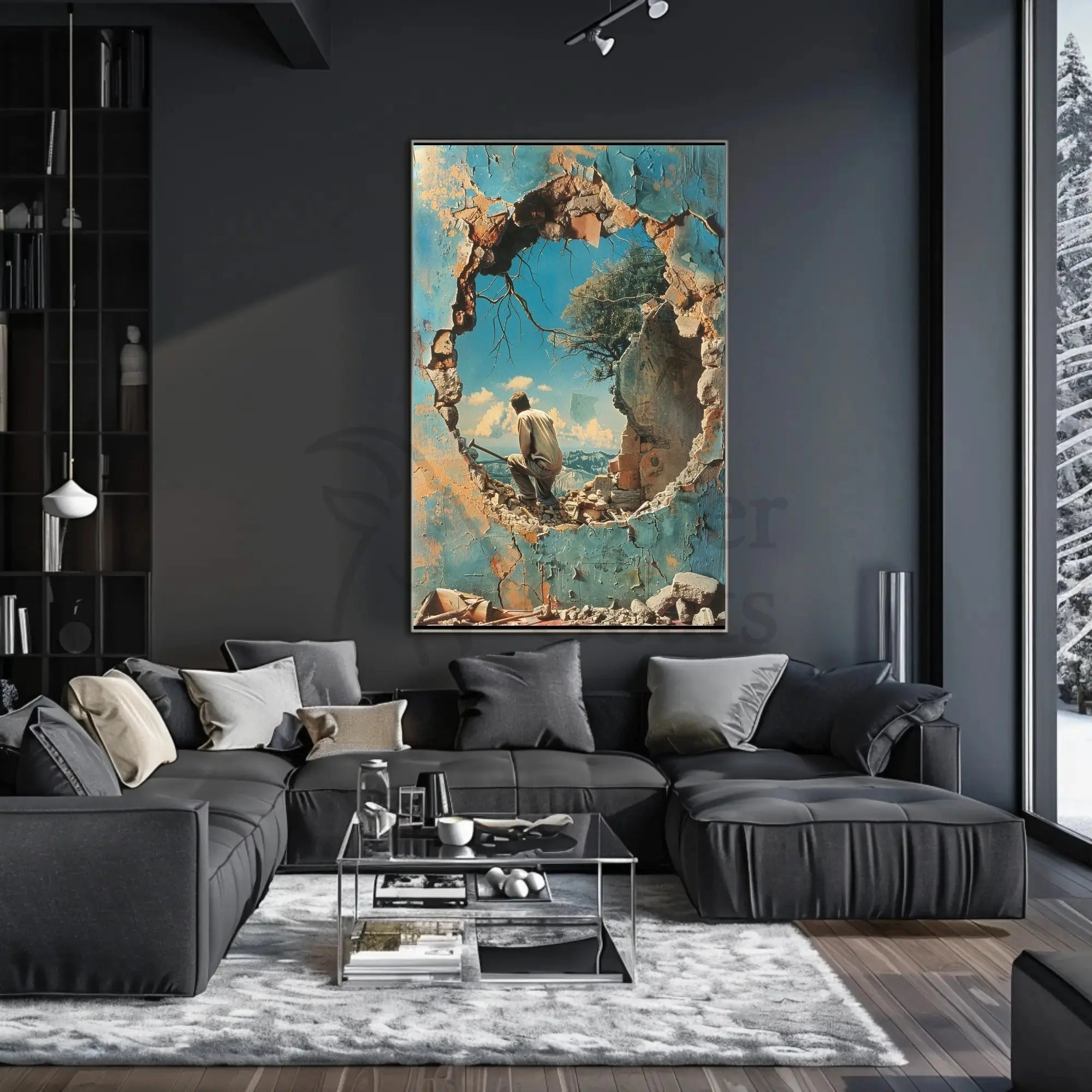 Surreal Mountain Landscape with Broken Wall Art Poster PosterGoat