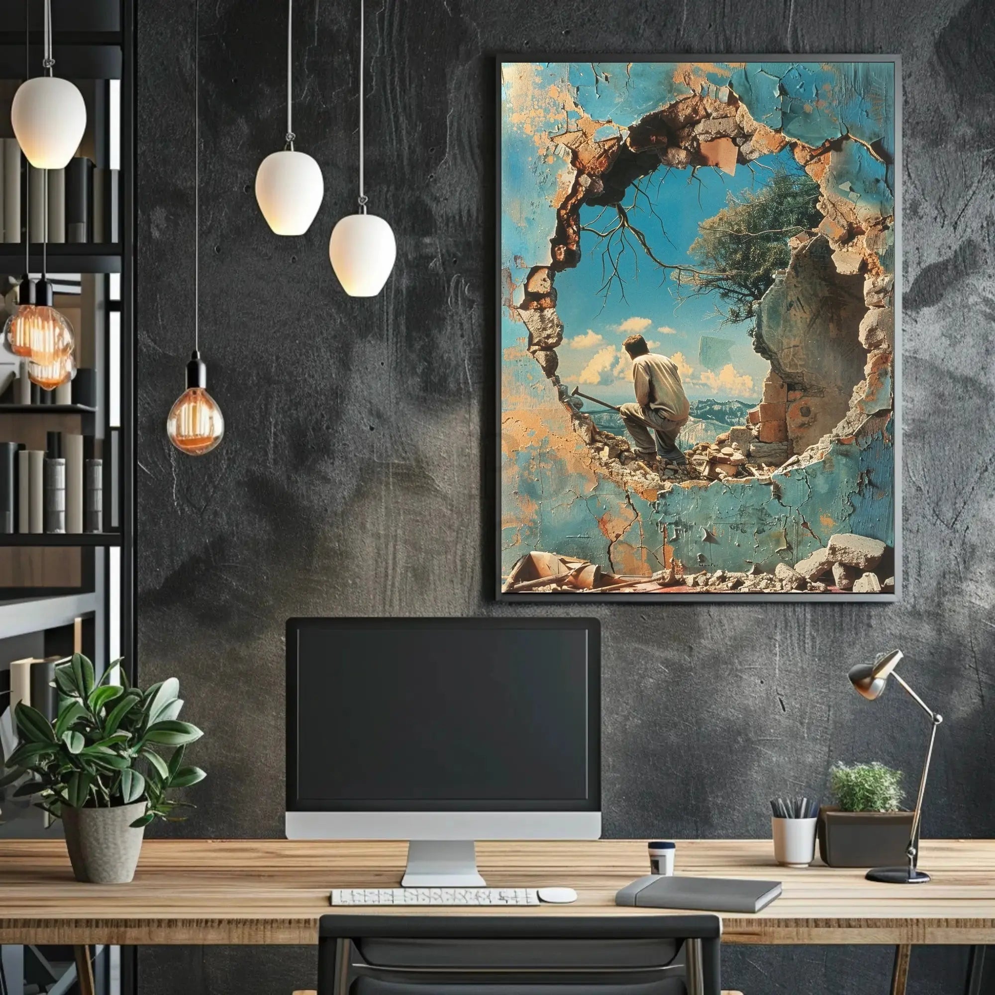 Surreal Mountain Landscape with Broken Wall Art Poster PosterGoat