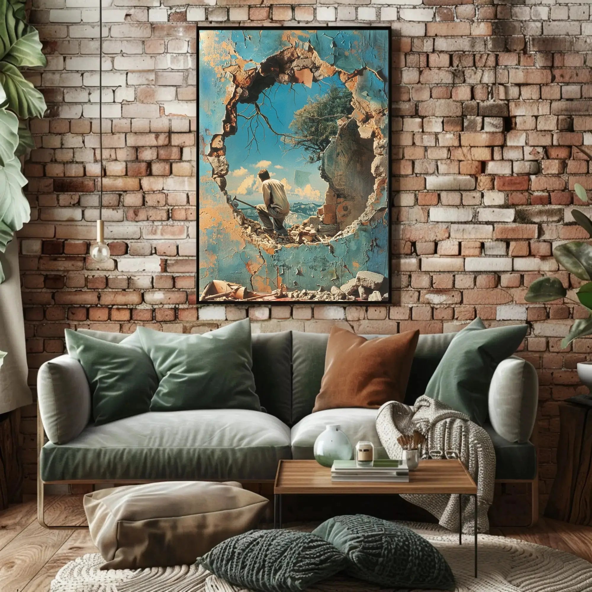 Surreal Mountain Landscape with Broken Wall Art Poster PosterGoat