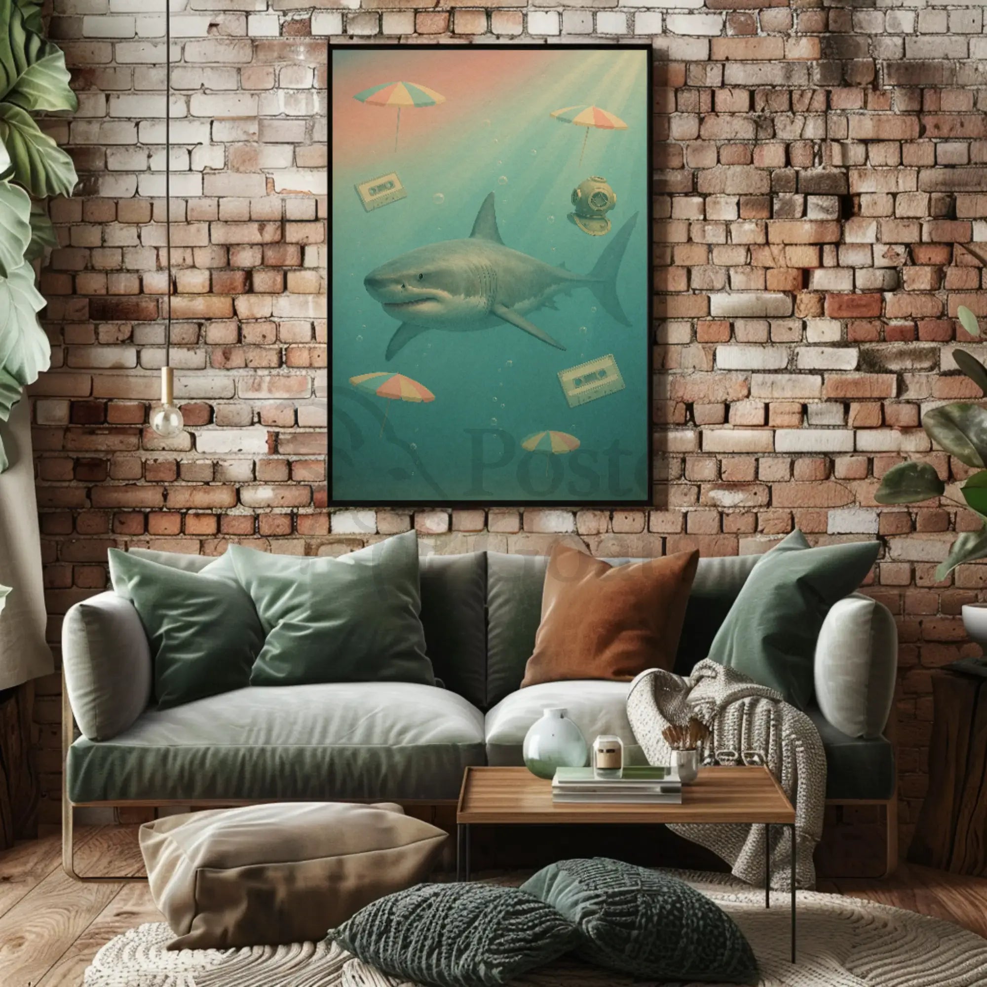 Surreal Shark Nostalgia Art Print Pop Culture Poster PosterGoat