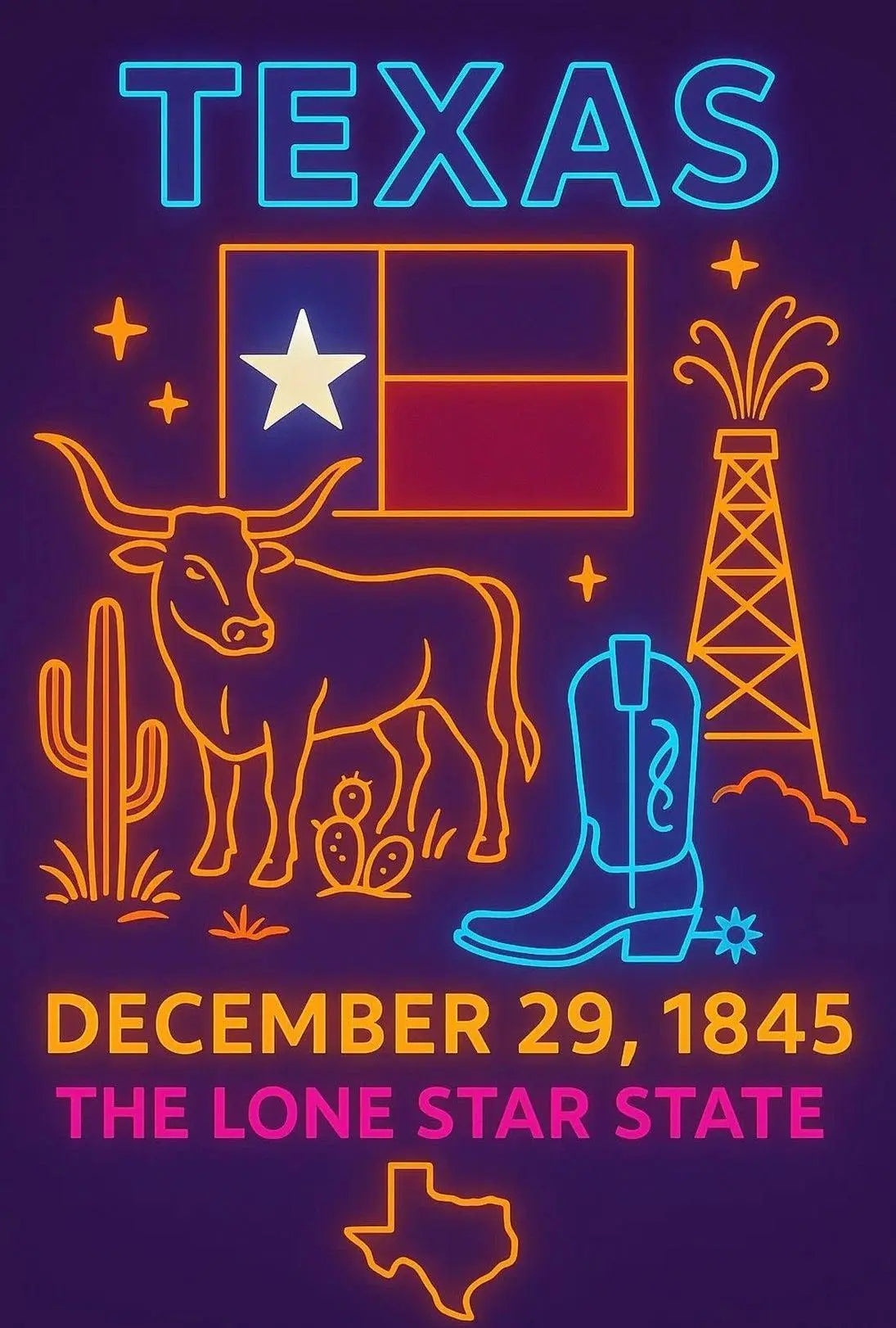 Texas Statehood Anniversary Neon Cultural Heritage Poster PosterGoat