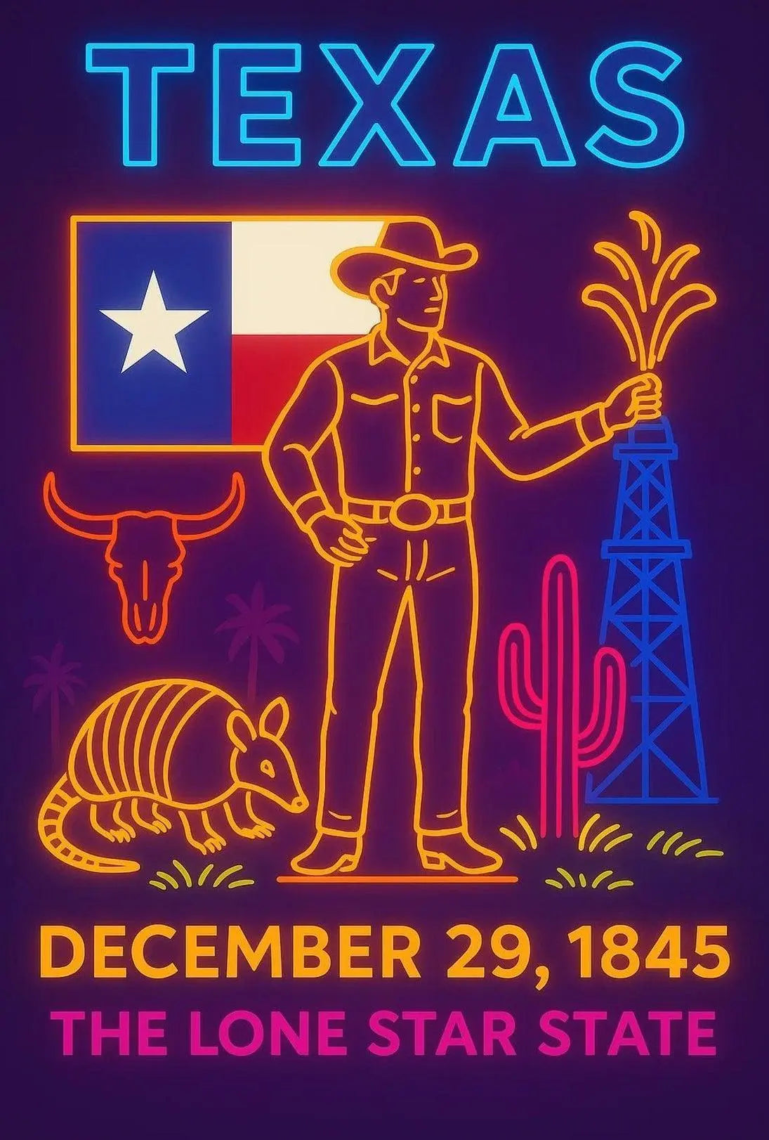 Texas Statehood Celebration Neon Art Cultural Poster PosterGoat