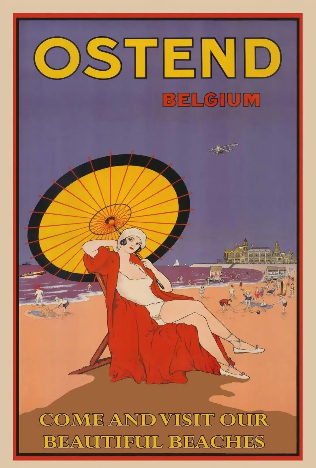 The poster advertises Ostend, a coastal city in Belgium, and highlights its beaches. Travel Poster PosterGoat