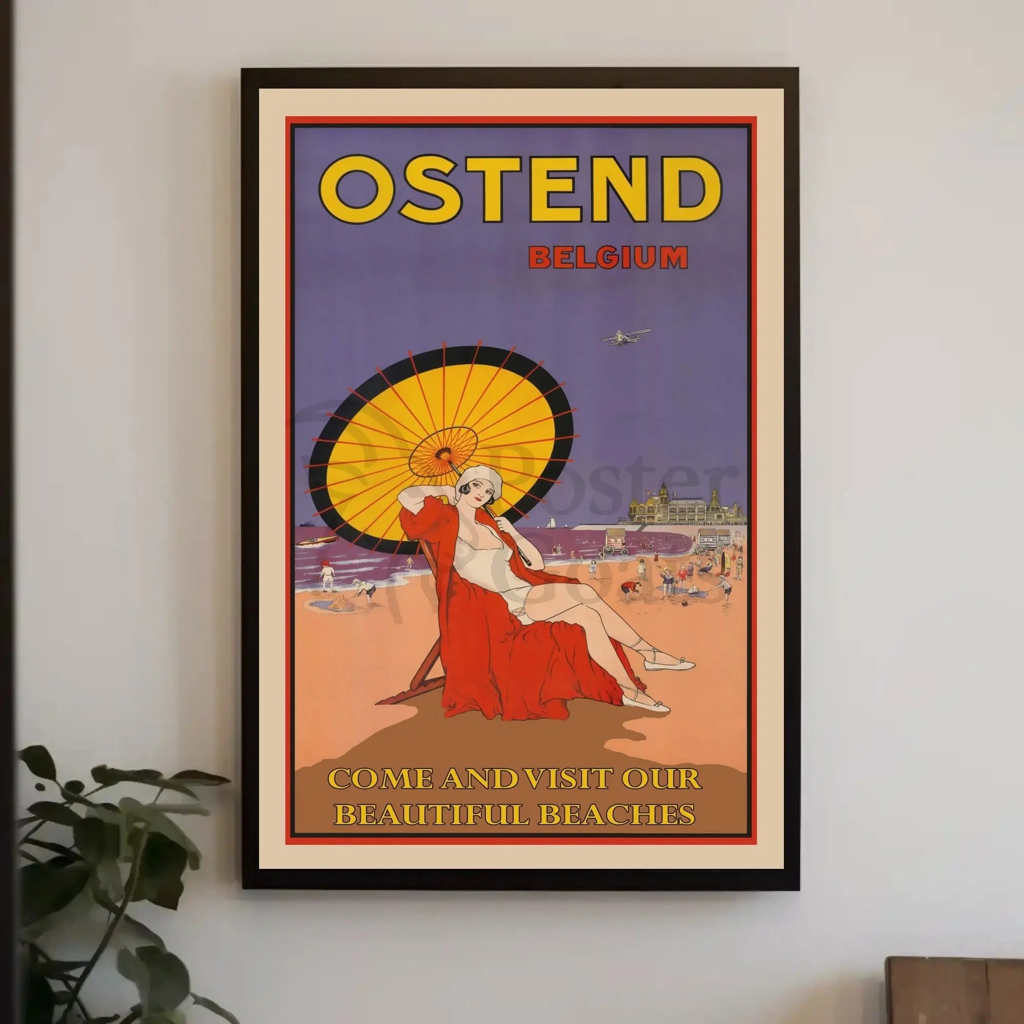The poster advertises Ostend, a coastal city in Belgium, and highlights its beaches. Travel Poster PosterGoat