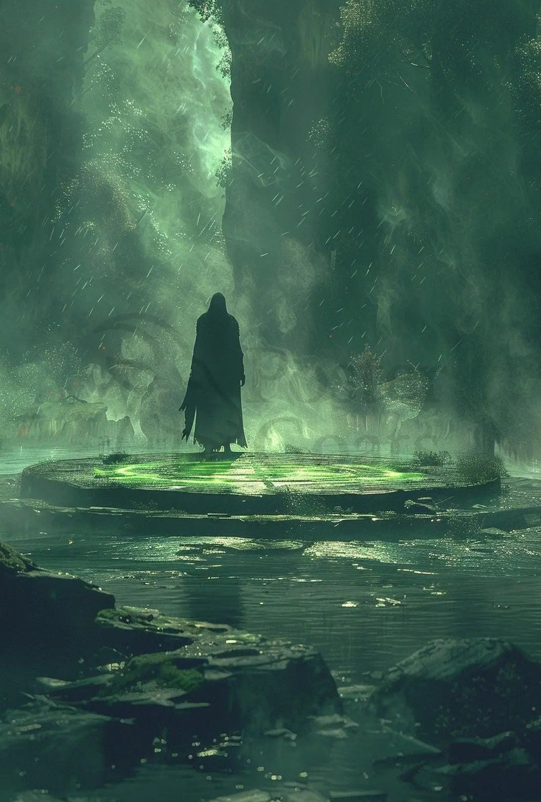 The poster depicts a mysterious and atmospheric scene. Here's a breakdown based on Travel Poster PosterGoat