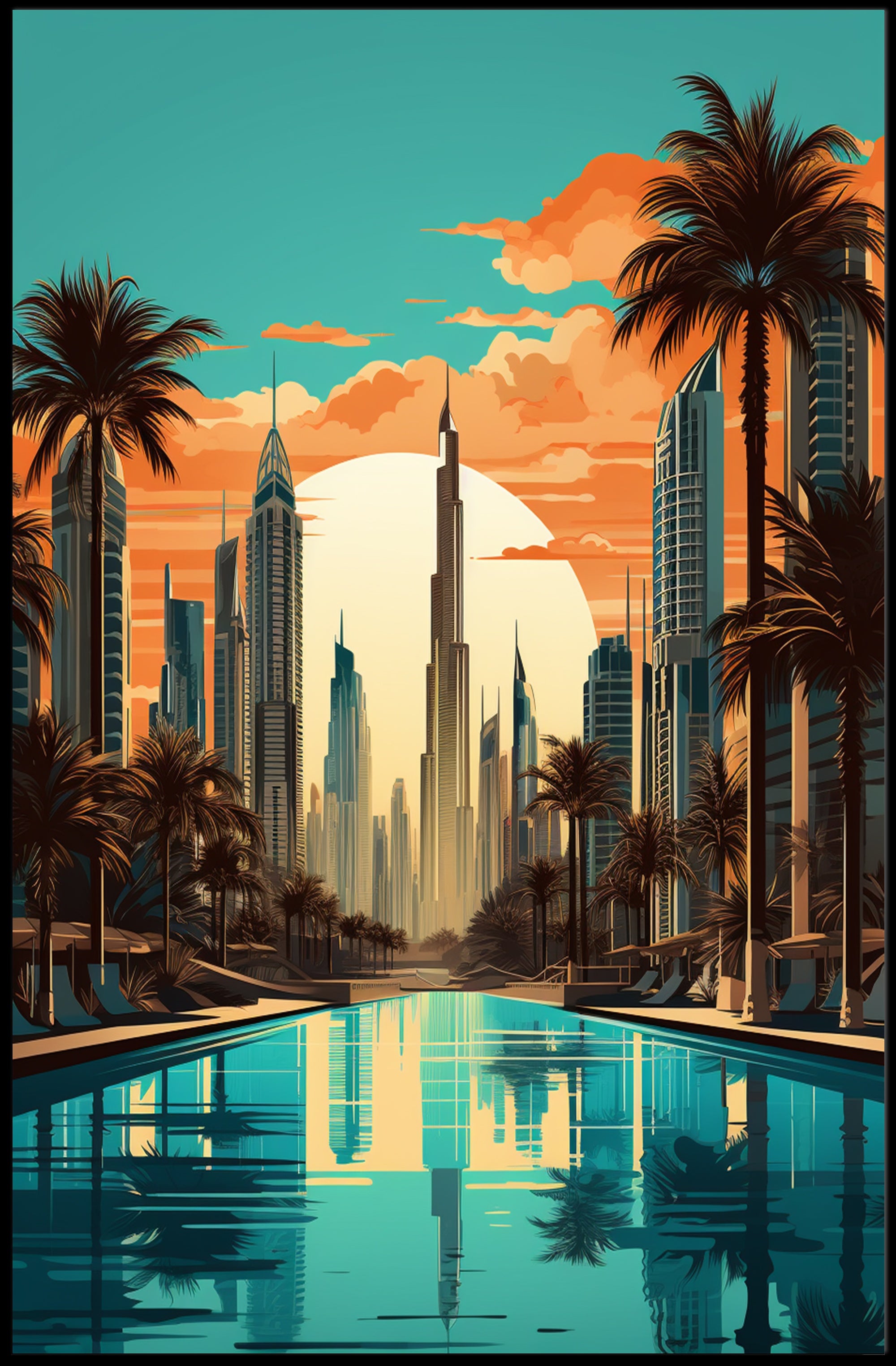 The poster features a stylized cityscape with a focus on a futuristic environment, Travel Poster PosterGoat
