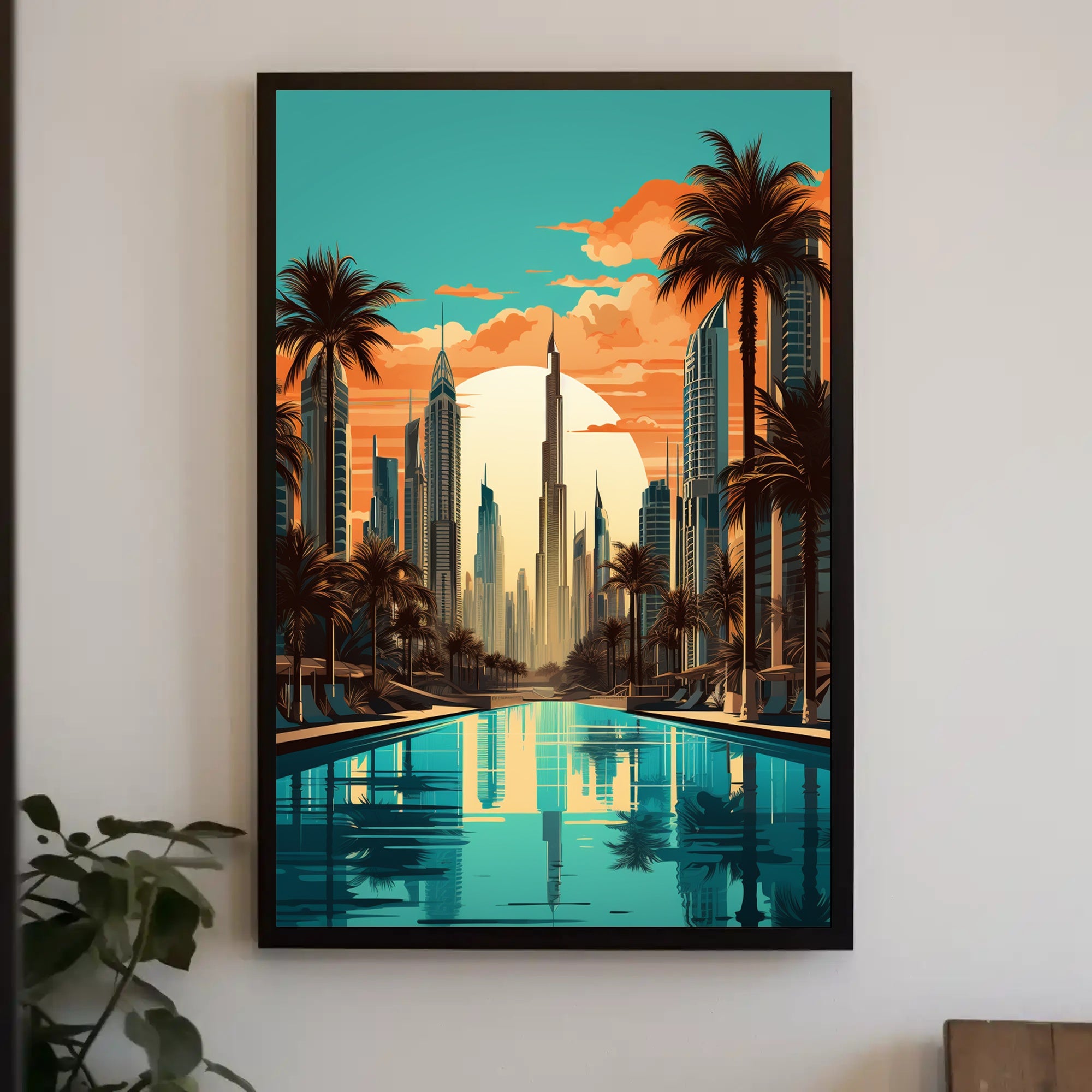 The poster features a stylized cityscape with a focus on a futuristic environment, Travel Poster PosterGoat