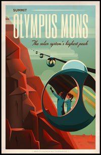 The poster is a stylized representation of a futuristic and space-related theme. Here Travel Poster PosterGoat