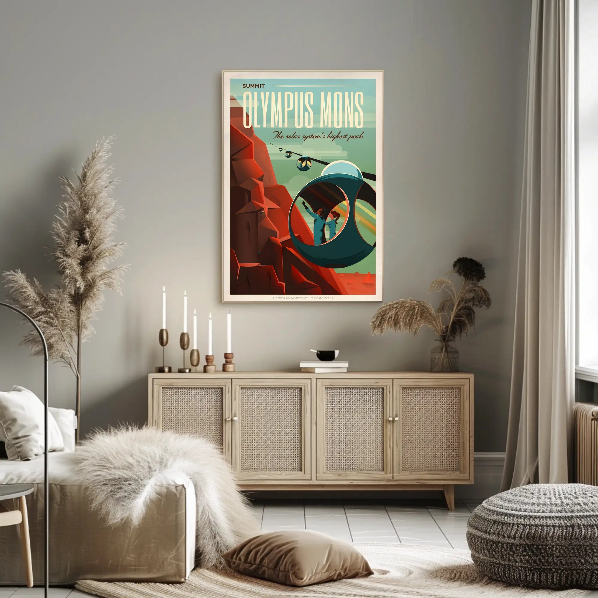 The poster is a stylized representation of a futuristic and space-related theme. Here Travel Poster PosterGoat