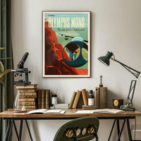 The poster is a stylized representation of a futuristic and space-related theme. Here Travel Poster PosterGoat