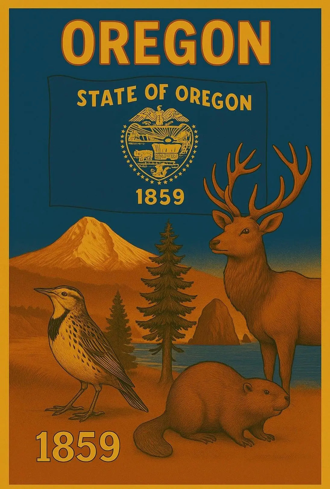 The poster showcases themes related to the state of Oregon. Here are the Travel Poster PosterGoat