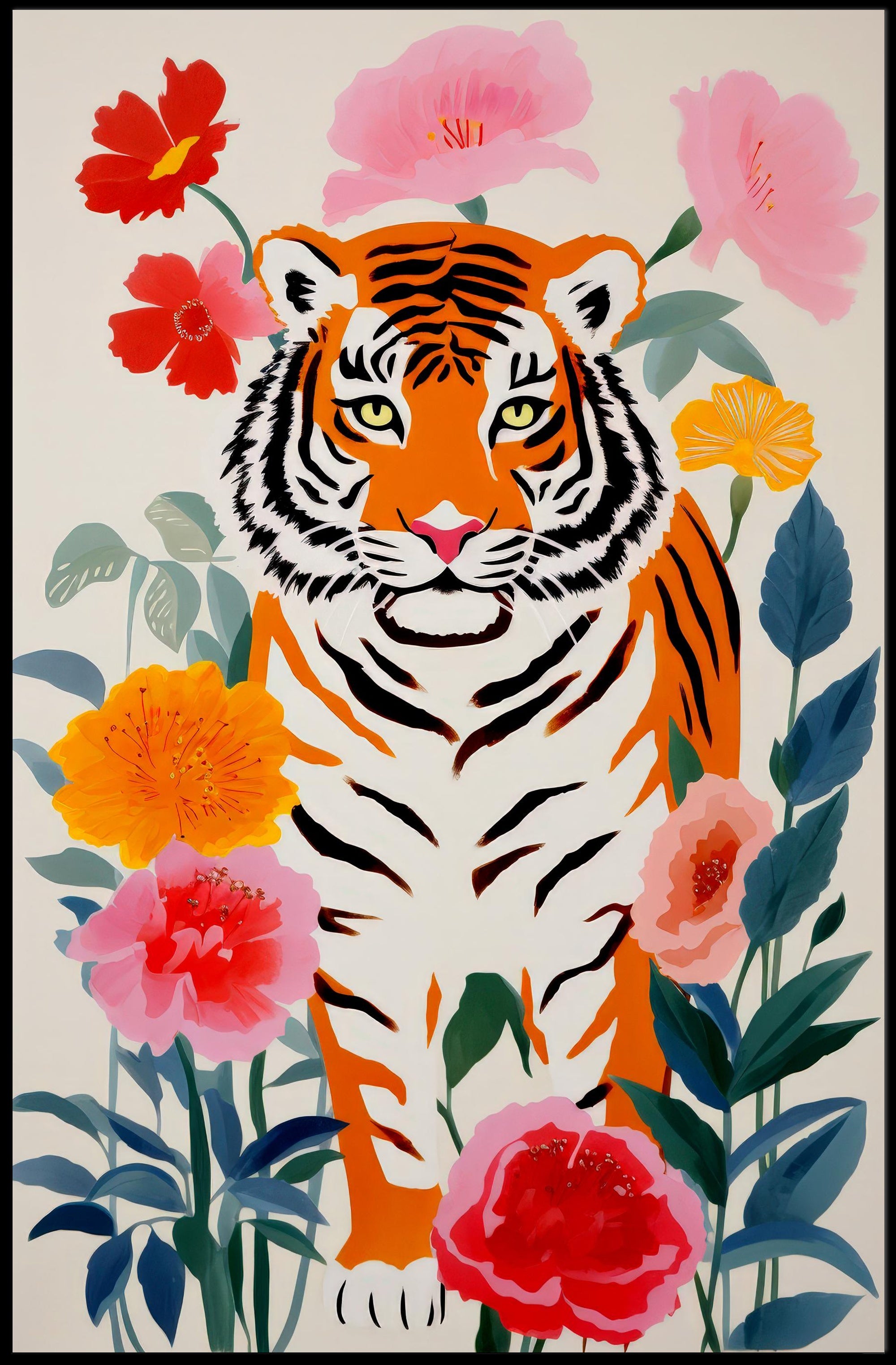 Tiger Pop Art with Colorful Flowers Animal Poster PosterGoat