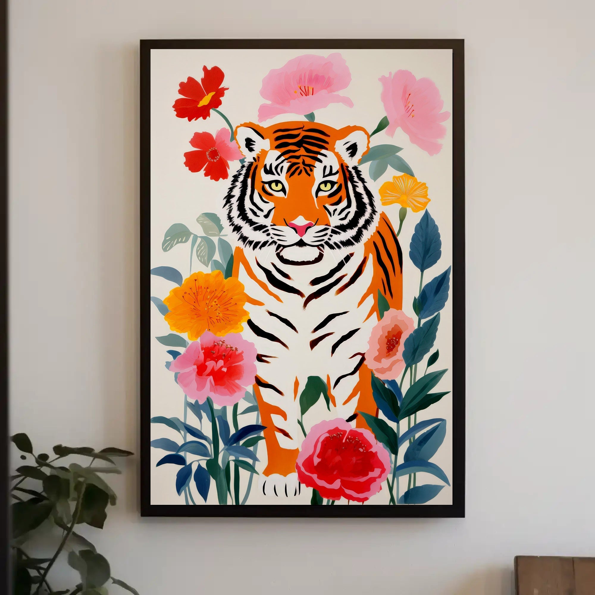 Tiger Pop Art with Colorful Flowers Animal Poster PosterGoat