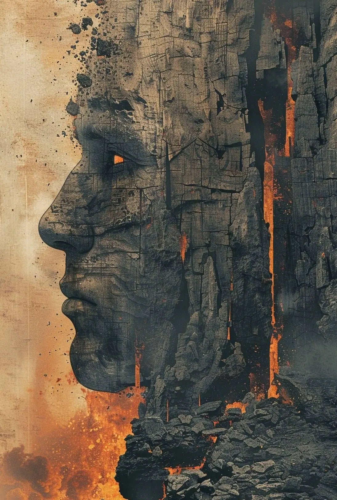 Timeless Mythical Face in Fiery Cliff - Artistic Poster PosterGoat