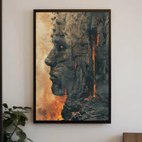 Timeless Mythical Face in Fiery Cliff - Artistic Poster PosterGoat