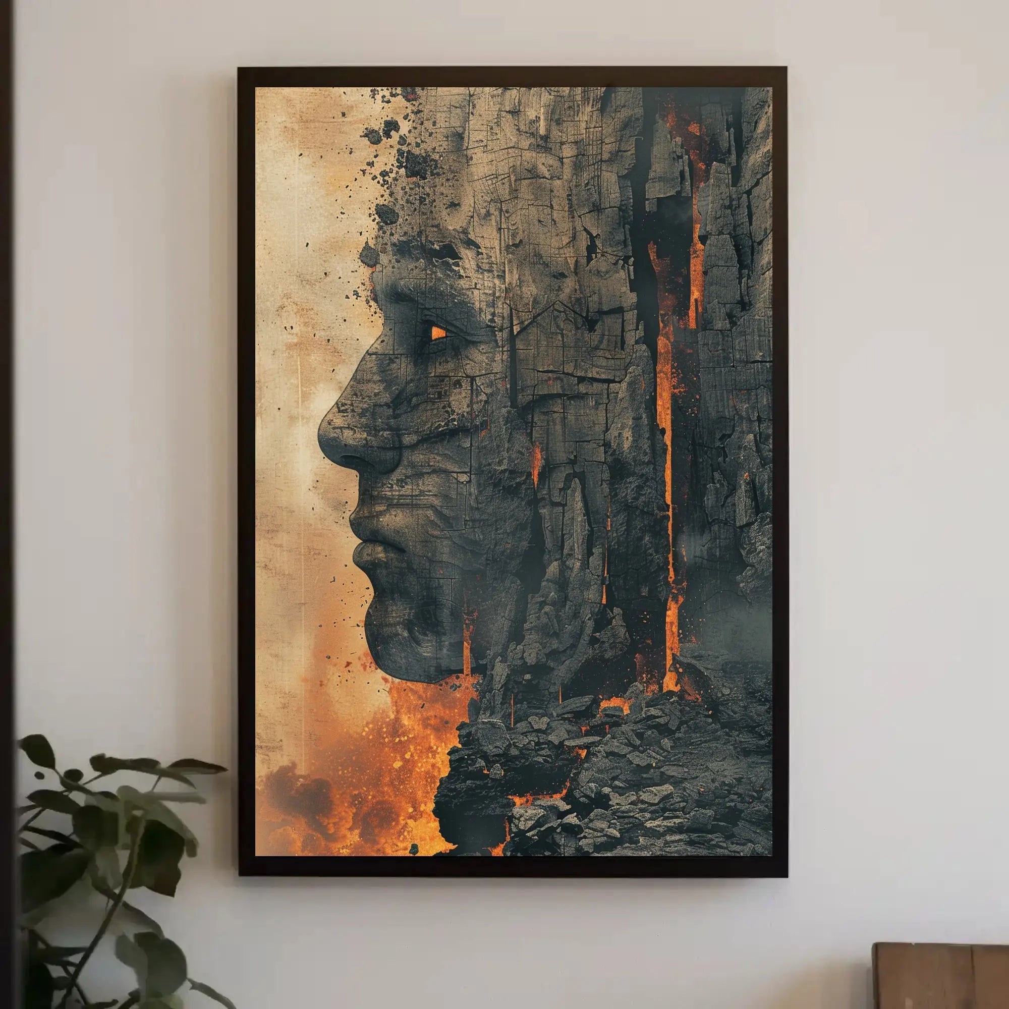 Timeless Mythical Face in Fiery Cliff - Artistic Poster PosterGoat