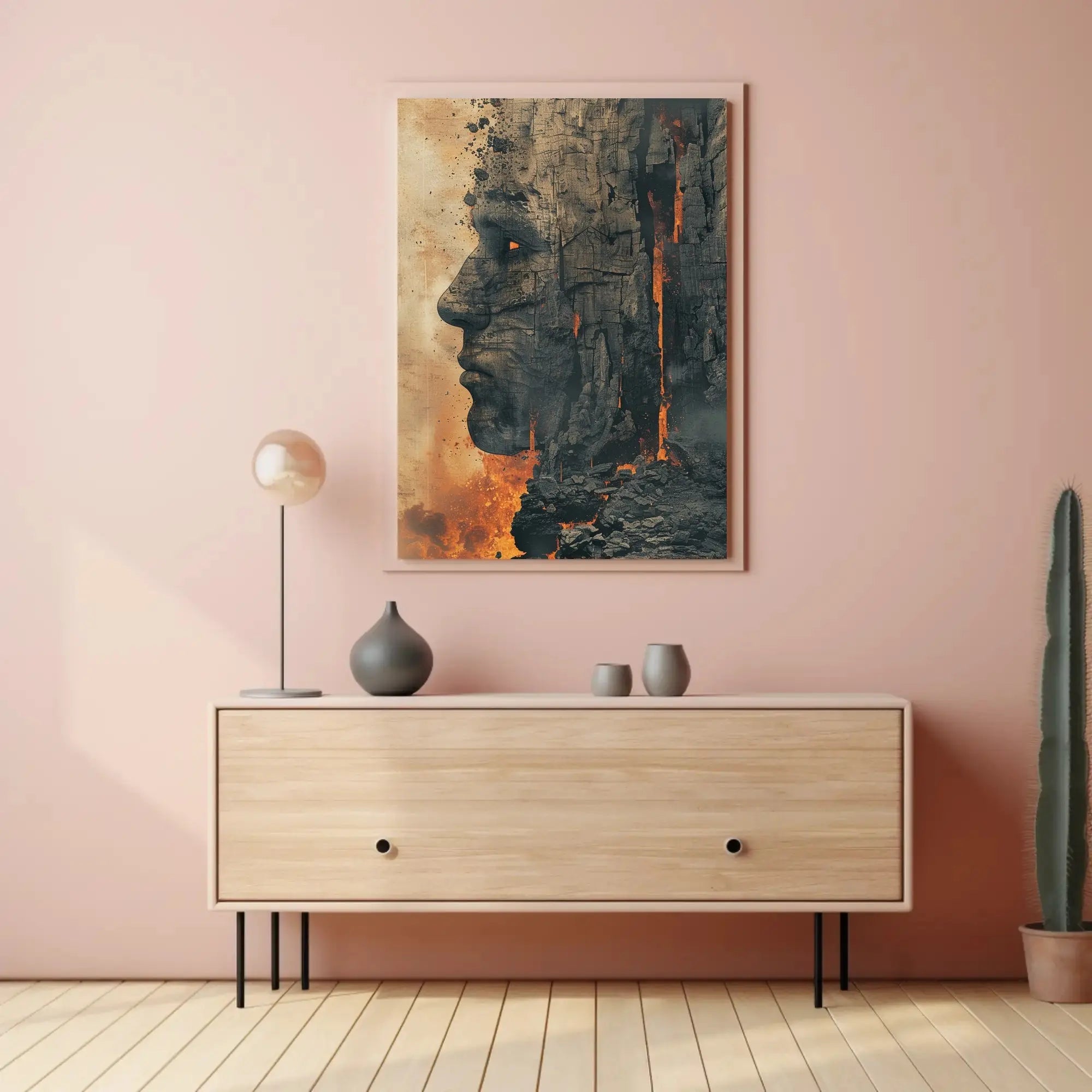 Timeless Mythical Face in Fiery Cliff - Artistic Poster PosterGoat