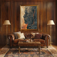 Timeless Mythical Face in Fiery Cliff - Artistic Poster PosterGoat